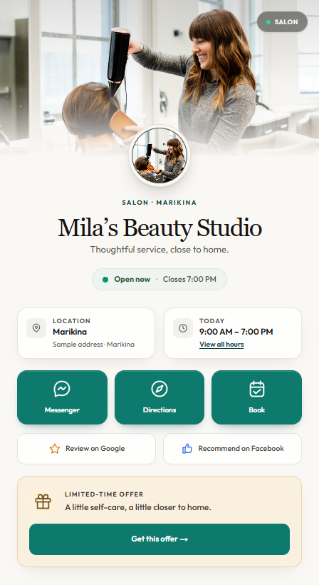 Tapyo’s updated customer page showing Mila’s Beauty Studio, business details, contact and review buttons, and an offer