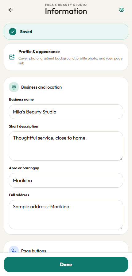 Tapyo mobile editor showing business and location details
