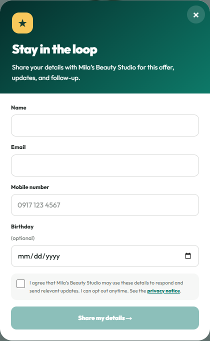 Customer opt-in form with privacy consent