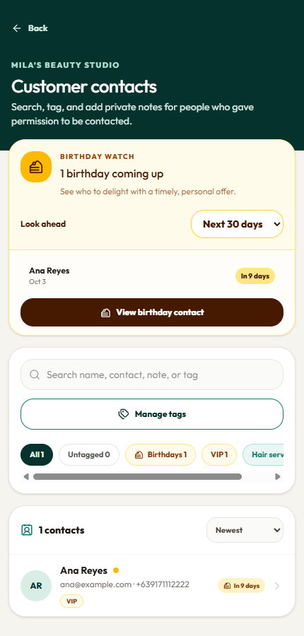 Tapyo customer contact management screen