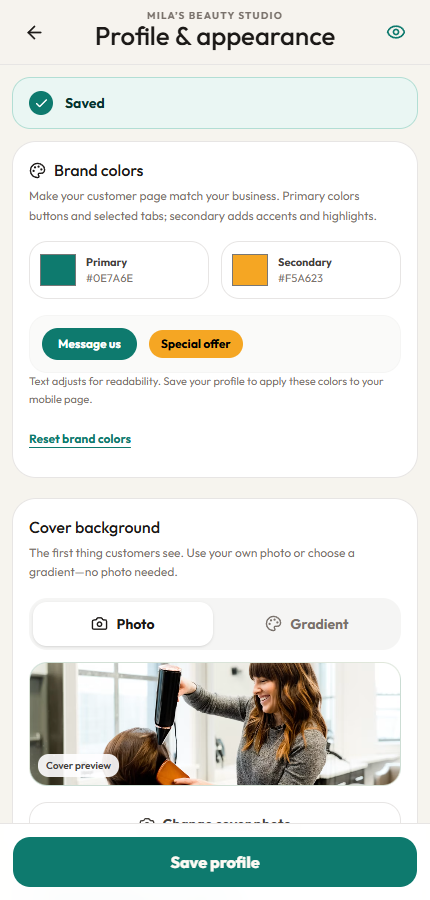 Tapyo mobile editor for brand colors, cover, and profile photos