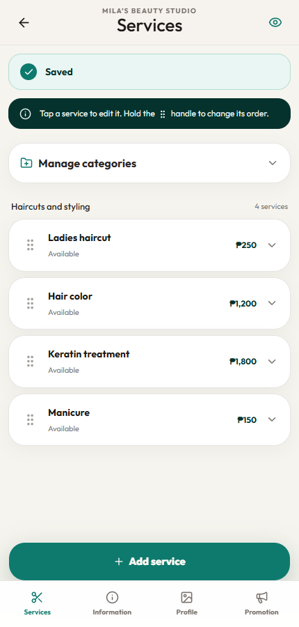 Tapyo mobile editor showing services and prices
